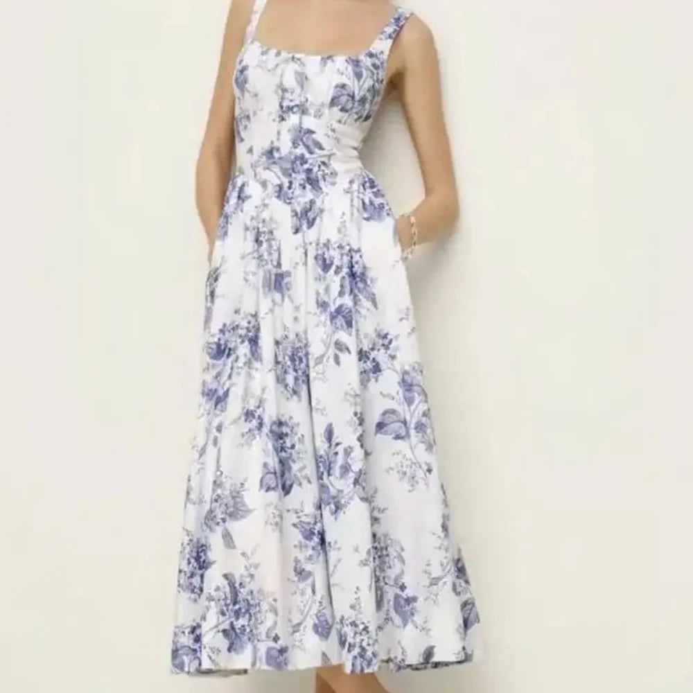 Sleeveless Floral Print High Waist Dress with Bow Detail - Image 3