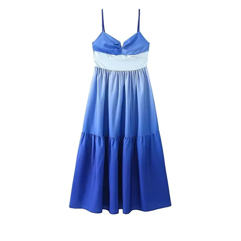 Blue Gradient Sling Dress: Sleeveless, Spaghetti Strap, Backless - Women's Summer Beach Party Attire