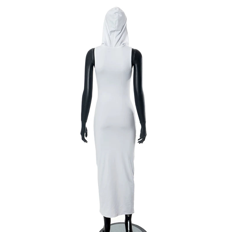 White Sleeveless Hooded Maxi Dress: Sexy Bodycon Summer Goth Streetwear - Image 7