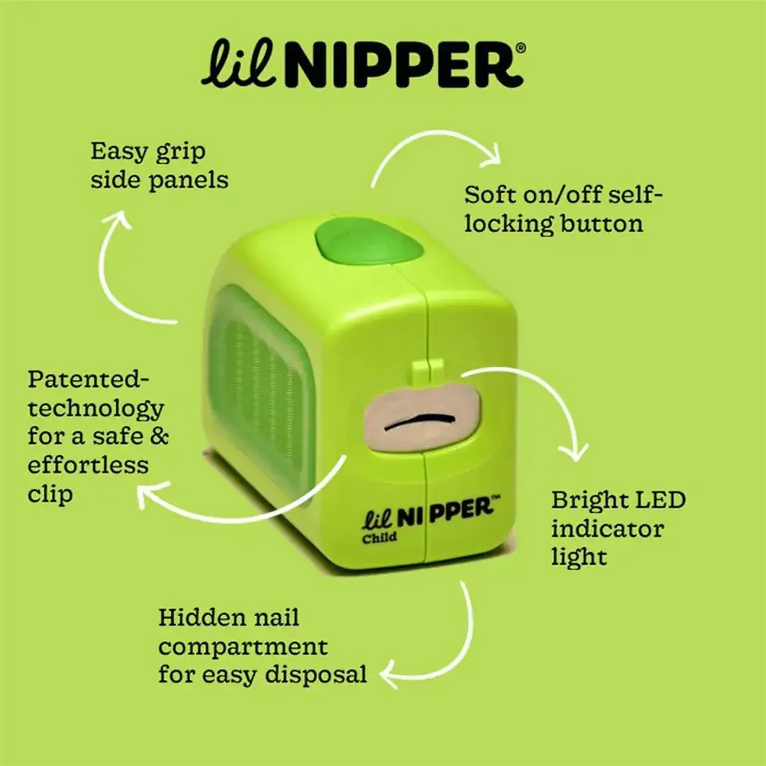 Features are: soft grip sides for easy handling, hidden nail compartment so no mess, LED light, patented technology, safety plate, rechargeable, antimicrobial exterior