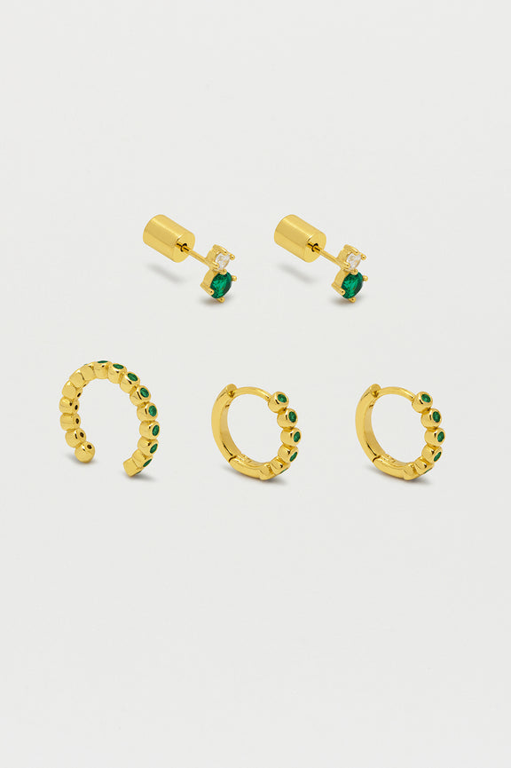 Gold Plated Green CZ Trio Earrings Set | Estella Bartlett