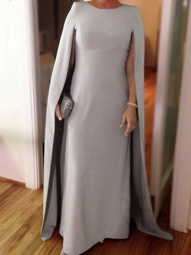 Sheath / Column Mother of the Bride Dress Elegant Jewel Neck Floor Length Stretch Satin Short Sleeve with Draping