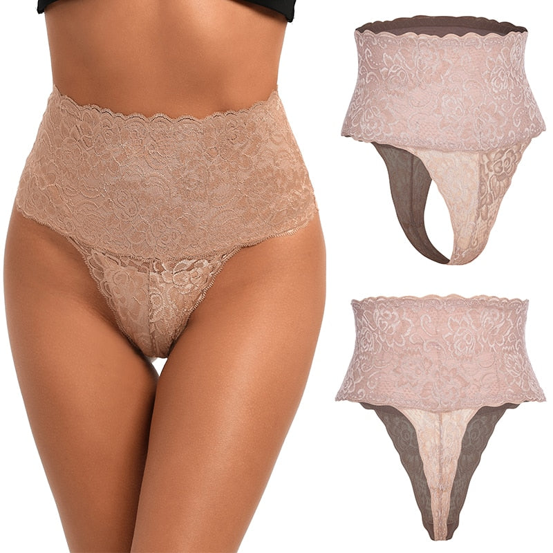 Waisted High-Waisted Tummy Control Lace Cheeky Panty –