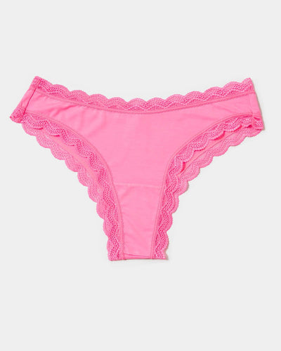 Cotton Essentials Lace-Trim Mid-Rise Thong Panty in Pink