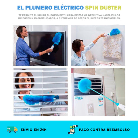 Varita de polvo motorizada Spin Duster de BulbHead, el plumero eléctrico  que elimina el polvo en un solo giro, azul y blanco