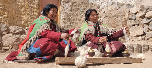 Ladakhi Changpa women hand spinning pashmina cashmere wool