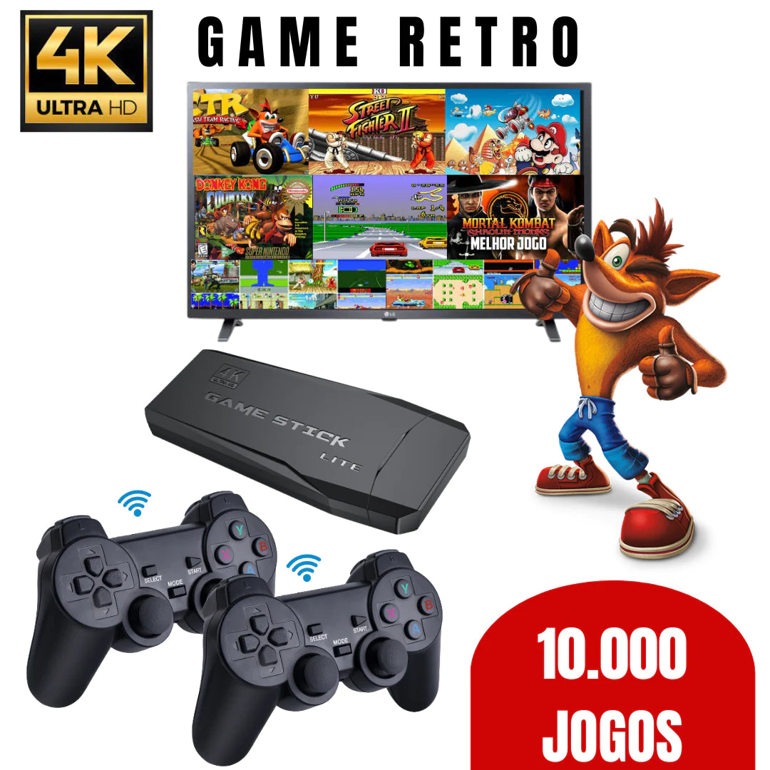 Vídeo Game Portátil Retro 4K com 10.000 Jogos + Dois Controles Sem