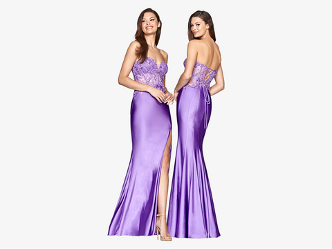 Lilac Strapless Corset Dress with Lace Detailing and Leg Slit - Faviana Style S10647