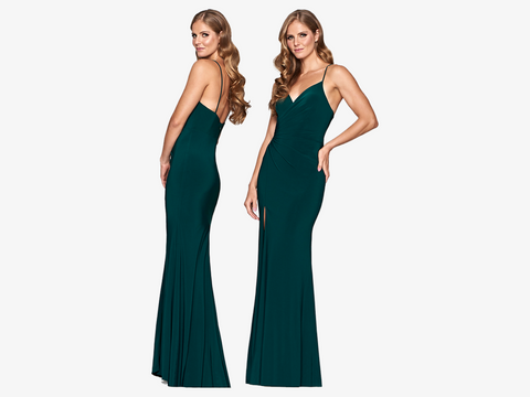 Dark Green Long Dress With Ruched Waist and Leg Slit - Faviana Style S10685