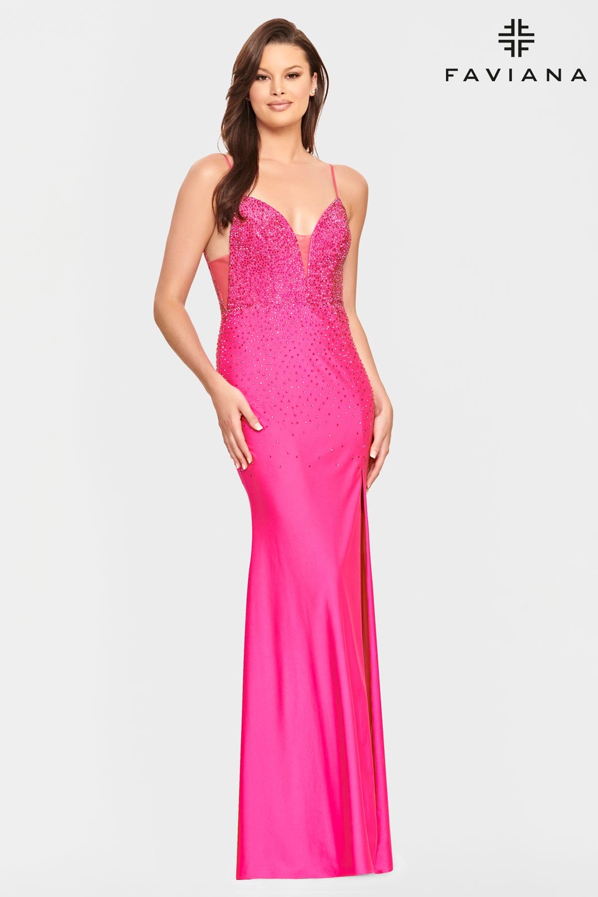 Tight Long Beaded Prom Dress With Deep V Neck And Mesh Side Panels ...