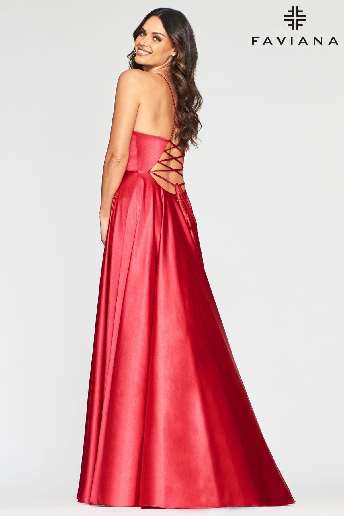 Ruby Red Satin V-neck Spaghetti Straps Prom Dress - Promfy