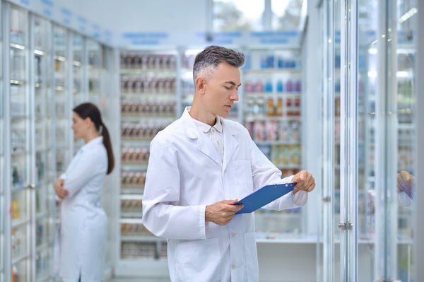 Man in white coat with folder in pharmacy
