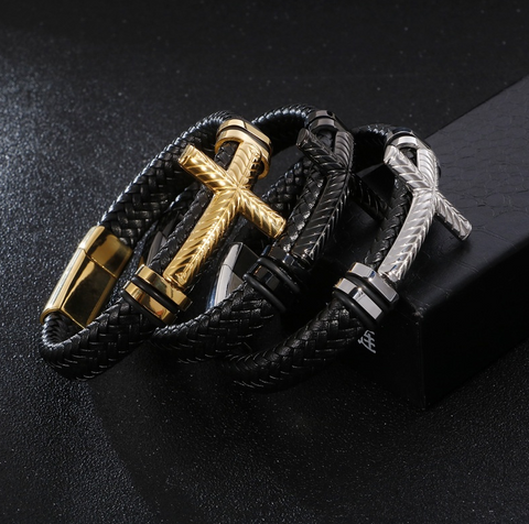 Pulseira de Couro Masculina Cross