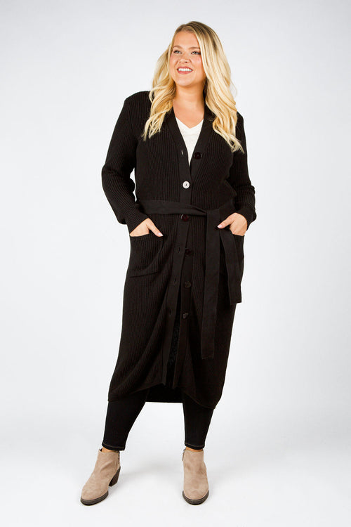 COTTON / CASHMERE BELTED RIBBED LONG CARDIGAN