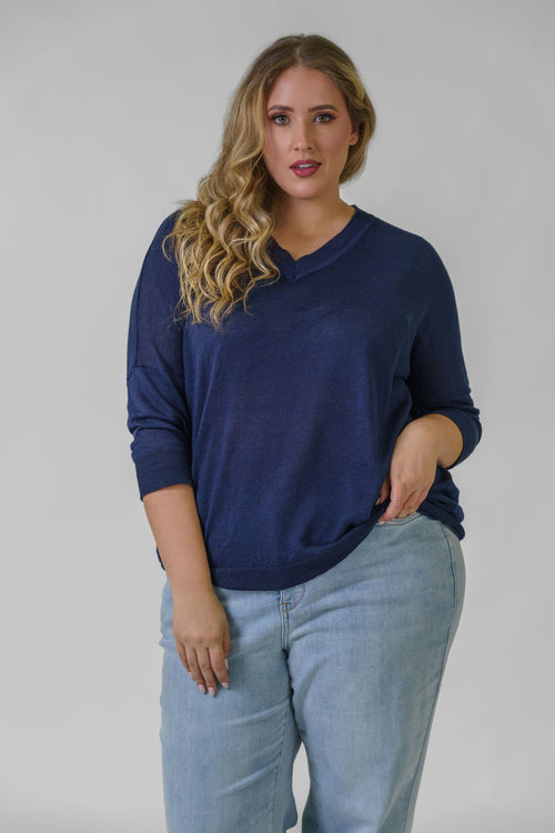 LINEN 3/4 SLEEVE V-NECK SWEATER