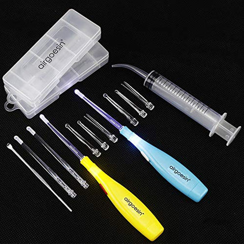 Airgoesin 2 Lighted Earwax Removal or Tonsil Stone Remover Tool, 10 Tips, Tonsillolith Pick Case + Irrigator Clean