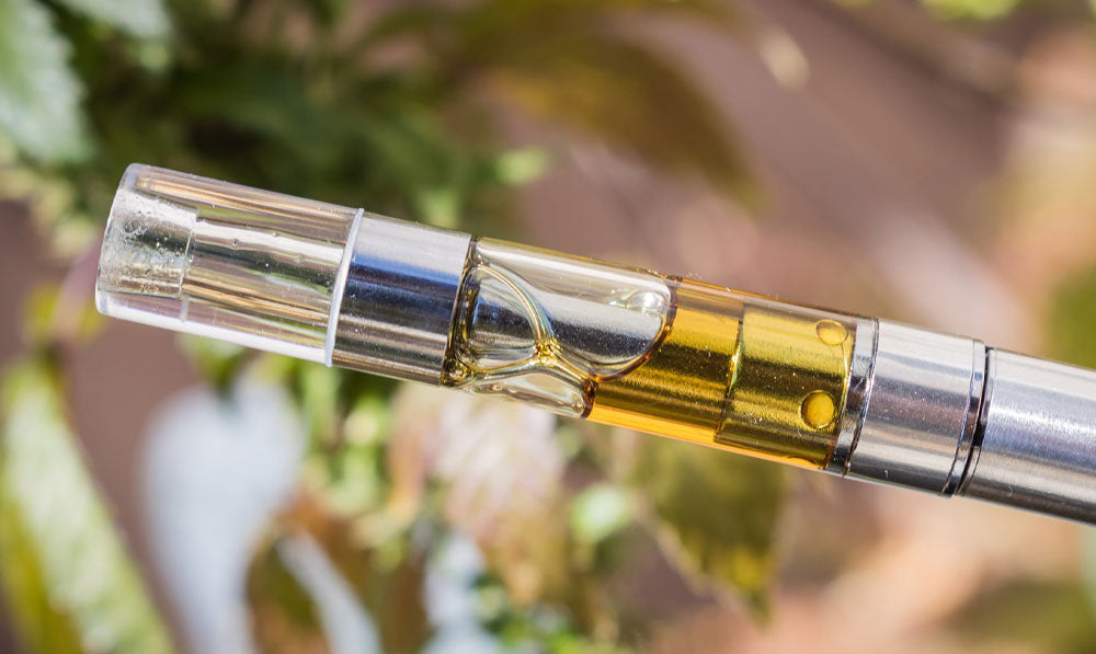 Close up shot of vape cartridge with liquid inside in front of plants