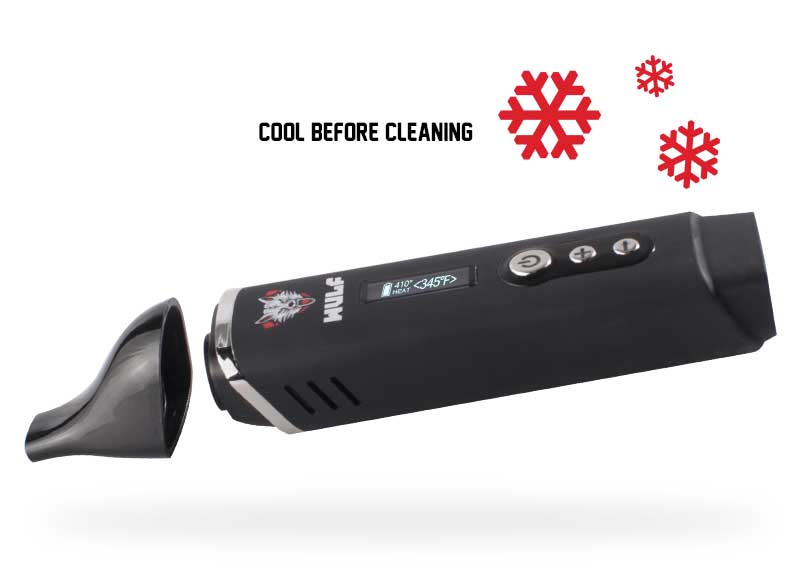 Warning to cool the Wulf SX Vaporizer before cleaning on white background