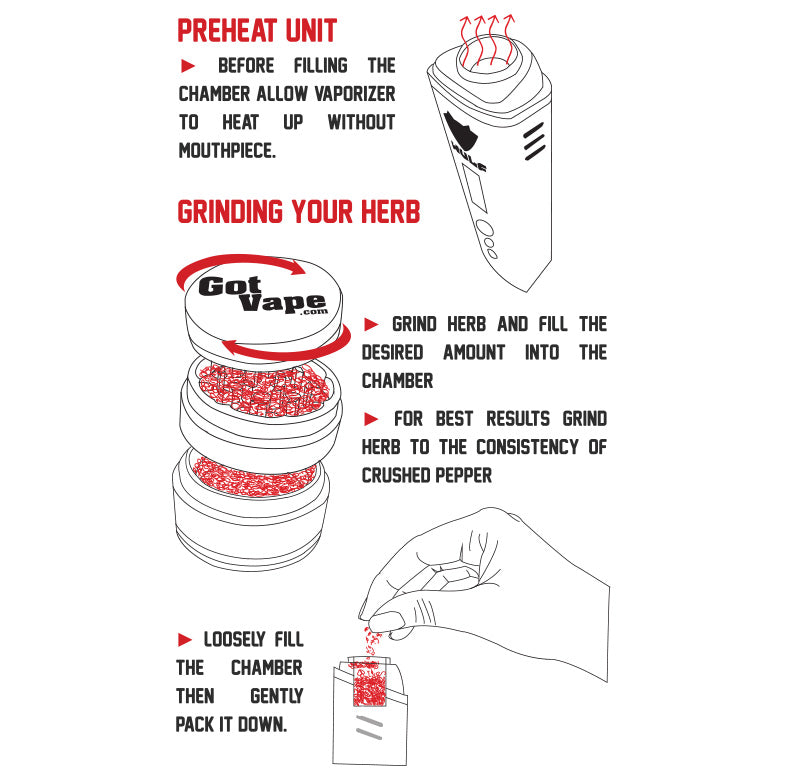 Instructions to preheat the Wulf SX Vaporizer and grinding herbs