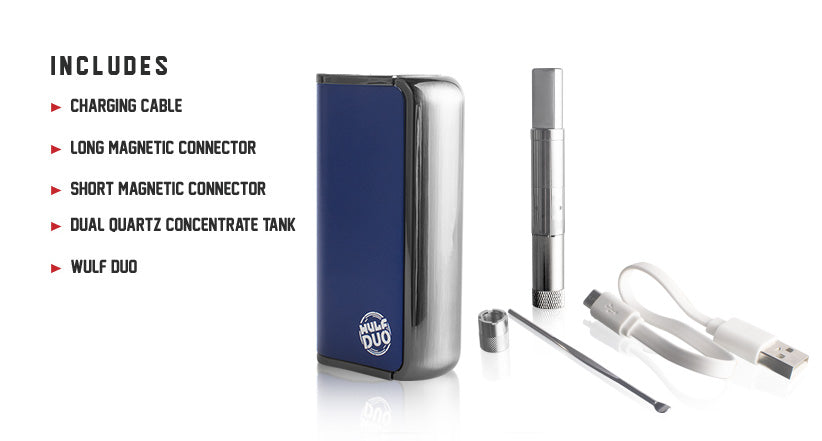 Wulf Duo key features with dual quartz chamber for concentrates, magnetic ring, loading tool, and USB on white backgrond