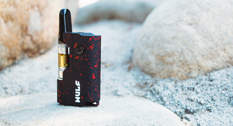 Black with Red Spatter Wulf Micro Plus standing on rocks