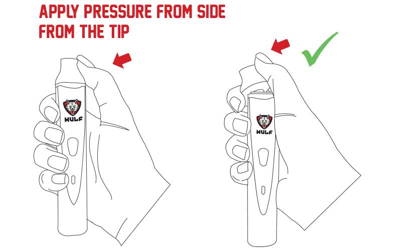 Instructions on how to open the mouthpiece of the Wulf Vape Classic on white background