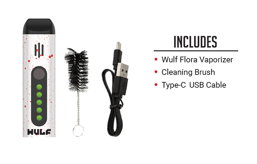 What the Wulf Flora Dry Herb Vaporizer includes on white background