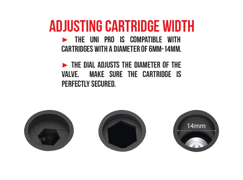 Adjusting the width of the UNI Pro to accommodate different sized cartridges