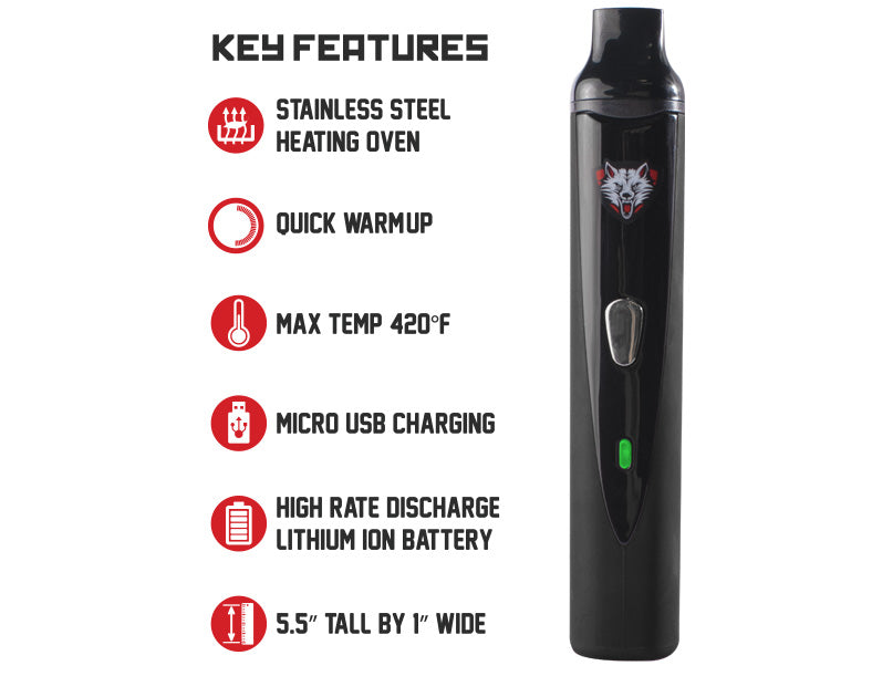 Key features of the Wulf Vape Classic with the Wulf Vape Classic front view on white background