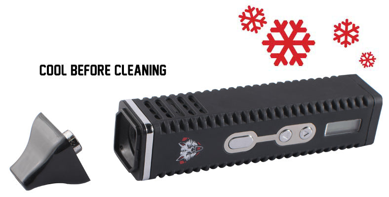 Warning for the Wulf Digital Vaporizer to cool down before cleaning it on white background