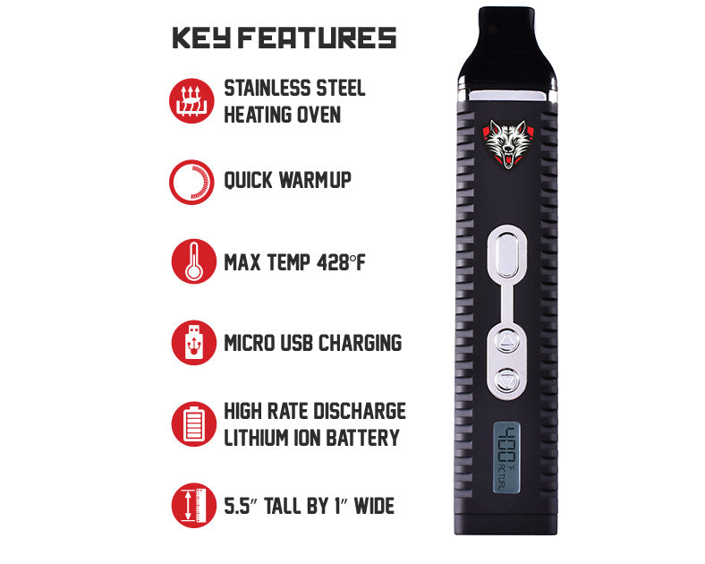Key features of the Wulf Digital Vaporizer on white background