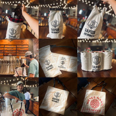 Here are some of the bags that I made for a brewery including tote bags, crowler bags, and growler bags. All include the brewery's logo.
