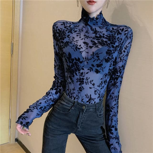 Girls Transparent Flocking Mesh Blouses Shirts Tees Female Turtleneck ...