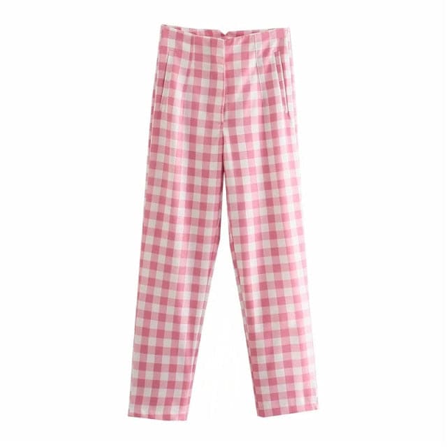 Office Lady Fashion Pink Plaid Suit Cotton Long Pants Women 2021 Summe ...