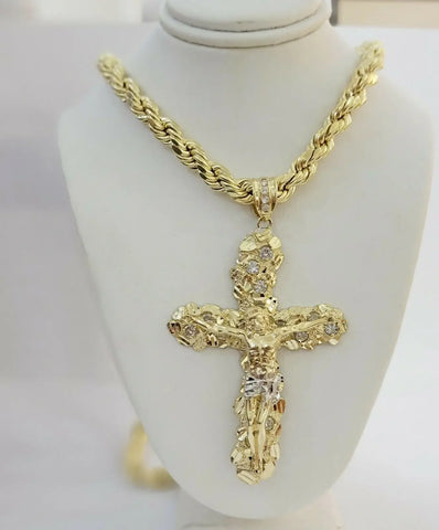 14k Yellow Gold Cross Nugget Jesus Crucifix Pendant