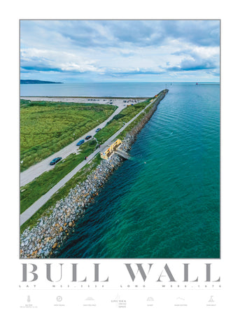 Poster deisgn of a drone photo of the Bull wall Dublin