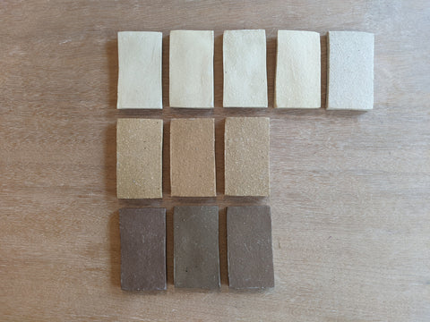 Eleven clay blends made up of three different clay types - test tiles