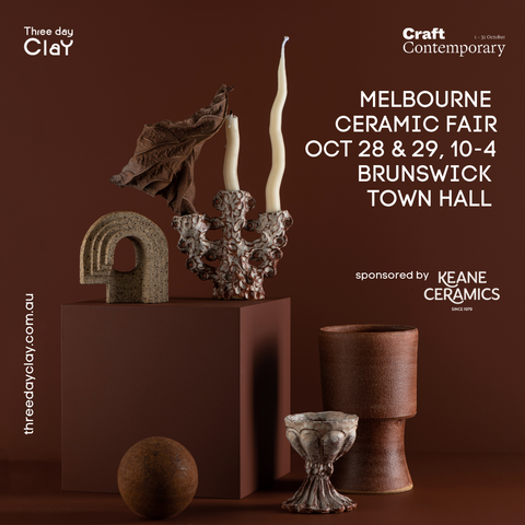 Image of a mix of ceramic works in brown tones. In front of a brown backdrop. With text to the right which states - Melbourne Ceramic Fair, Oct 29 & 29 at Brunswick Town Hall, 10am-4pm.