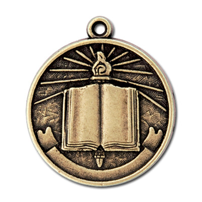 Open book with banner and flame, gold medal