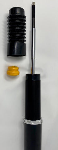 Image of damper showing damper piston shaft, dust boot, and bump stop. 