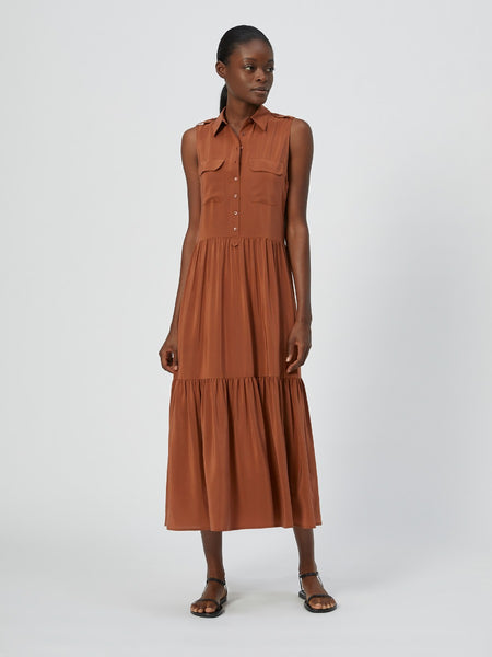 Pocketed Button Front Collared Silk Dress
