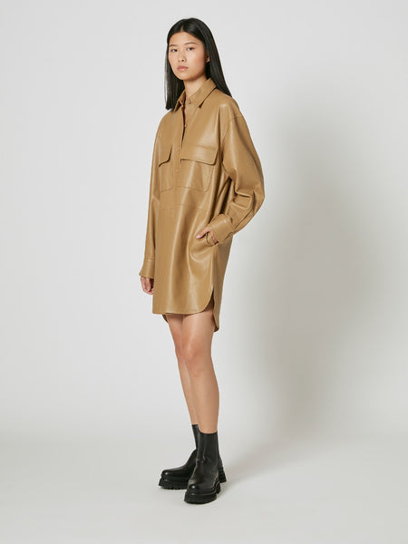 Button Front Pocketed Leather Shirt Dress