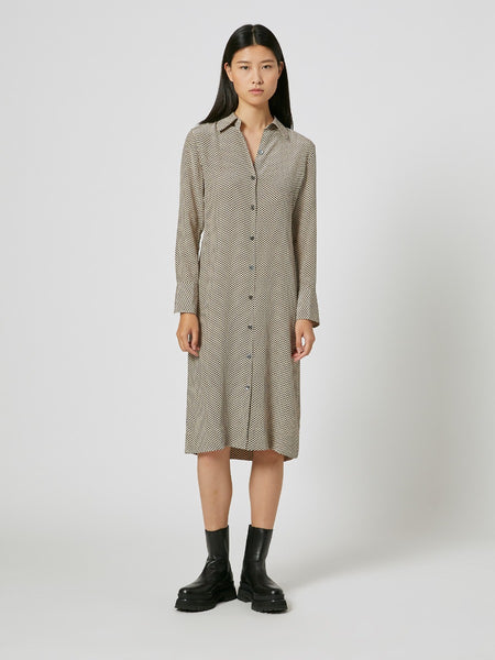 V-neck Silk Button Front Collared Long Sleeves Dress