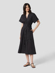 V-neck Button Front Belted Self Tie Tie Waist Waistline Cotton Dress