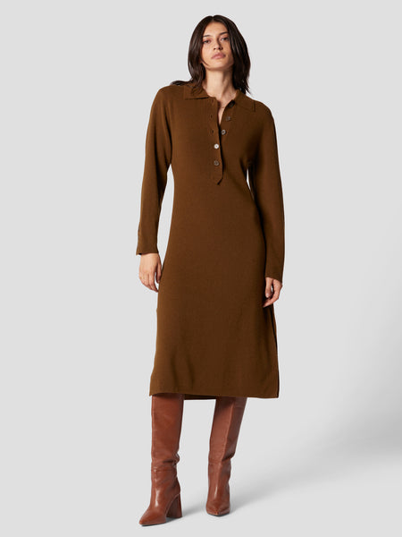 Sweater Slit Button Closure Collared Dress