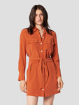 Belted Pocketed Tie Waist Waistline Silk Collared Short Shirt Dress