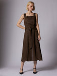 Slit Keyhole Wrap Belted Square Neck Linen Midi Dress