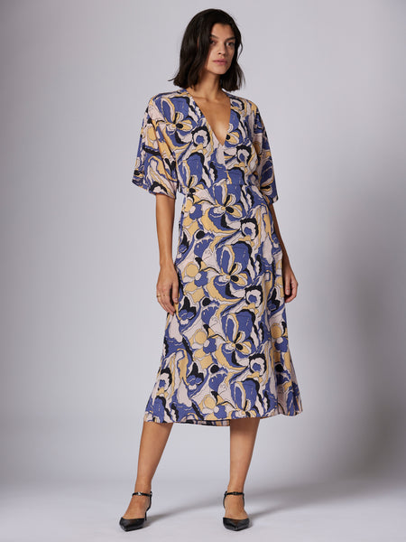 V-neck Fitted Pocketed Silk Midi Dress