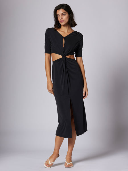 Jersey Gathered Slit Cutout Midi Dress