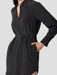 Belted Button Front Silk Collared Dress